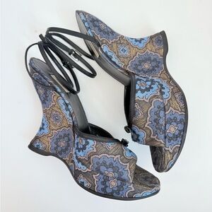Prada Vintage Blue Brown tapestry floral leather trim sculptural wedge sandals
